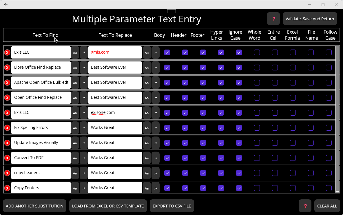 Open Office Find Replace - Multiple Parameter Text Entry